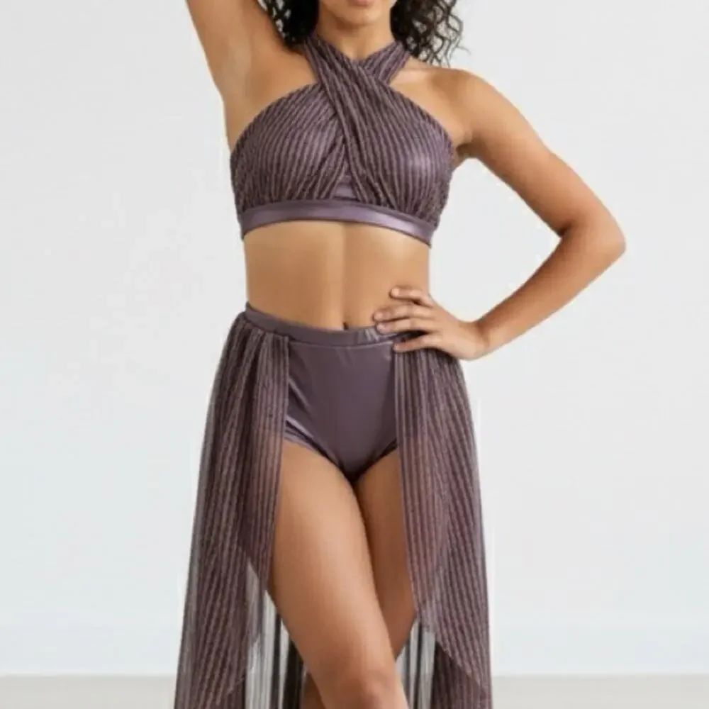 Double Platinum purple shimmer Halter Crop Top and Skirt Kids Dance Costume AXS
